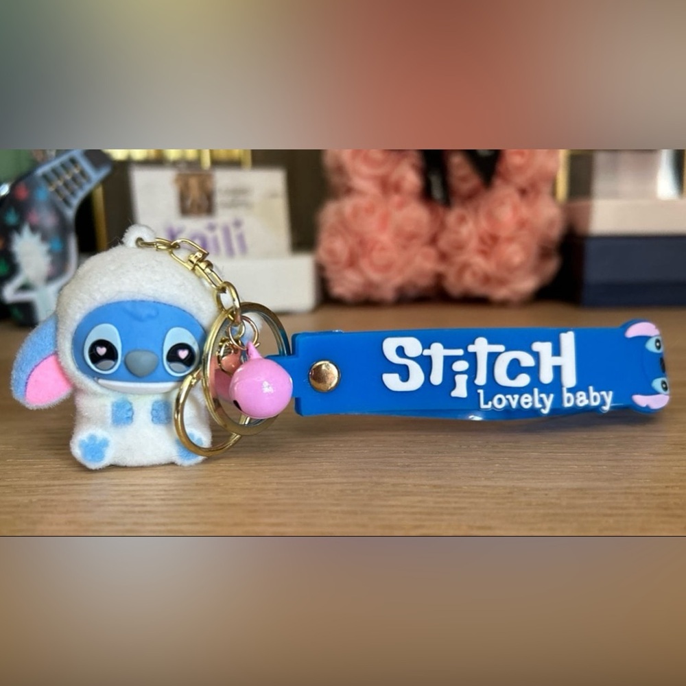 Disney Blue Stitch Lovely Baby Keychain with Pink Bell